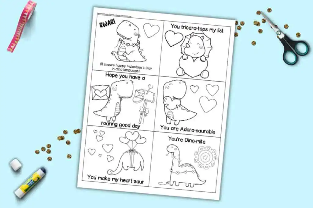 A preview of a printable page of free dinosaur black and white Valentines cards
