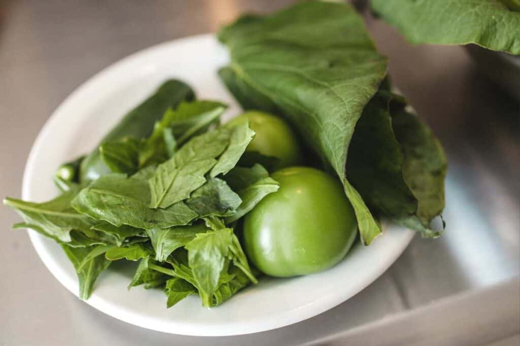 A plate with green tomatoes and epazote leaves for Mexican cooking