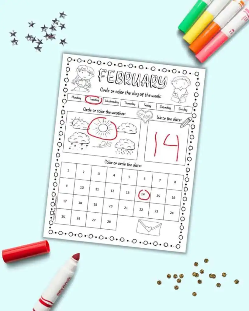 A preview of a February calendar worksheet for kids filled in for Tuesday february 14
