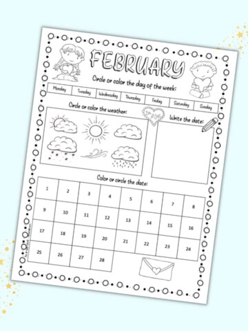 A child's February calendar worksheet printable