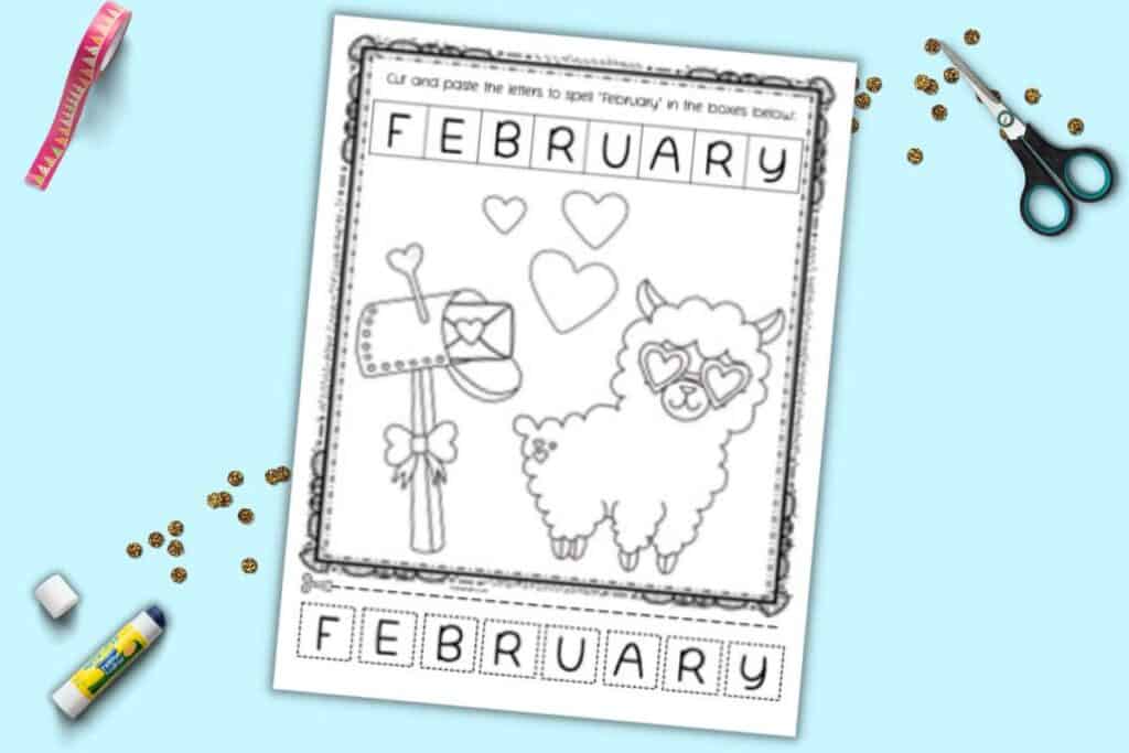 A preview of a February cut and paste worksheet with FEBRUARY at the top and letter tiles in dotted squares along the bottom. The page also has a llama with heart shaped glasses to color.