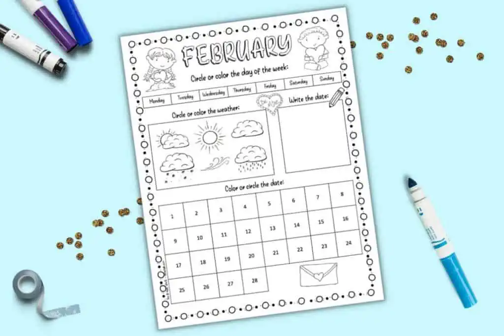 A review of a February calendar worksheet for kindergarten students