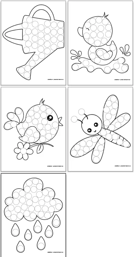 A preview of five spring themed dot marker pages for children.