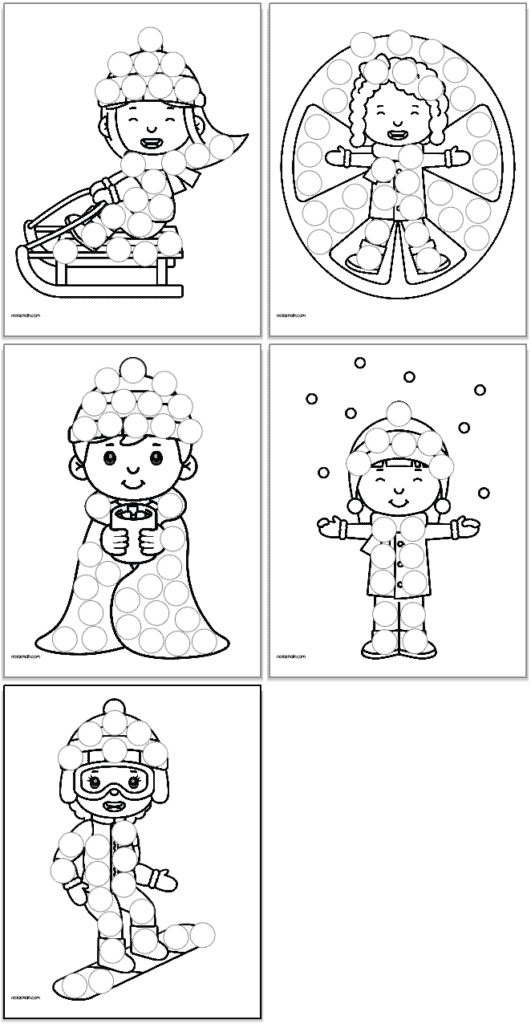 A preview of five winter activity themed dot marker pages