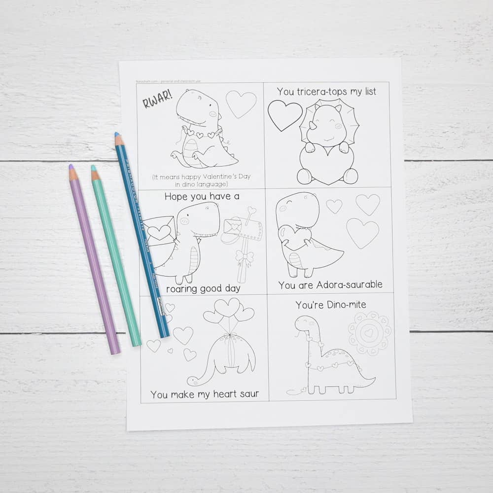 Coloring a page of printable dinosaur black and white Valentine's for kids