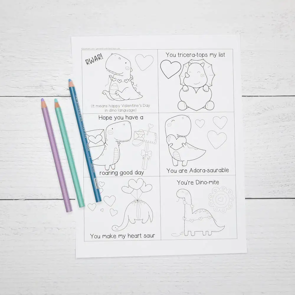 Coloring a page of printable dinosaur black and white Valentine's for kids