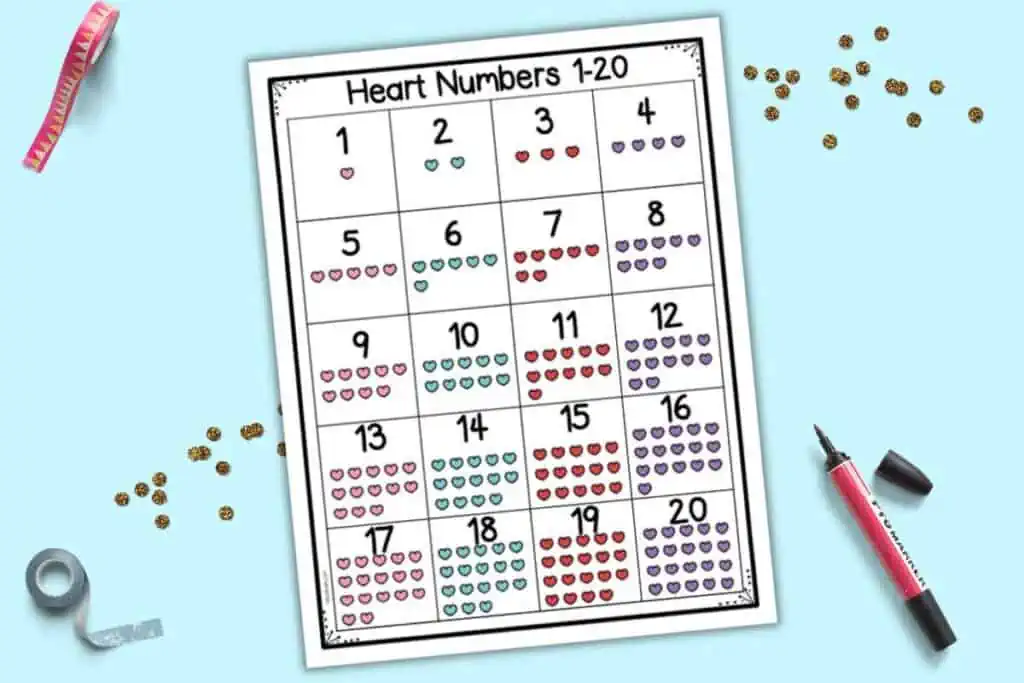 A preview of a printable number chart 1-20 with a Valentine heart theme