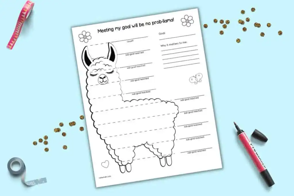 A preview of a cute llama themed goal tracker template