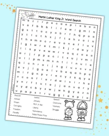 A free printable MLK Jr Day themed word search on a light blue background