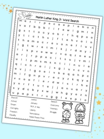 A free printable MLK Jr Day themed word search on a light blue background