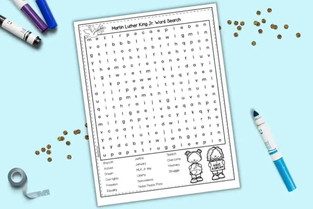 A preview of a Martin Luther King Jr Day themed word search for students