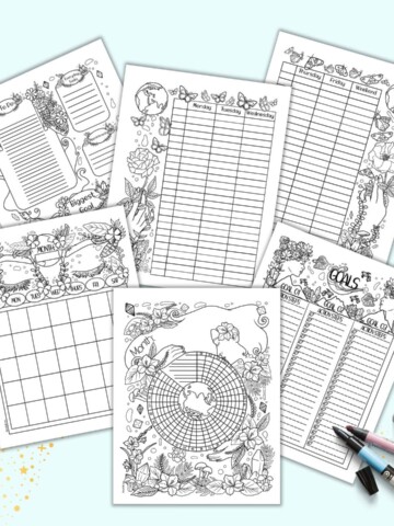 A preview of six printable bulletjournal style planner pages with a mother earth theme