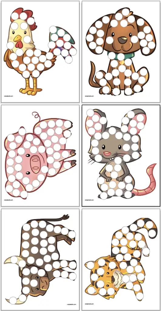Six Chinese zodiac dot marker pages including: rooster, dog, pig, rat, ox, and tiger