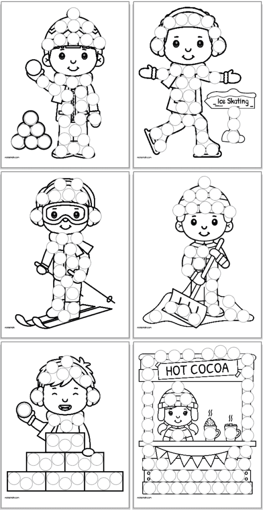 A preview of six winter activity themed dot marker pages