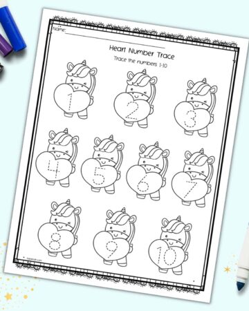 A preview of a number tracing 1-10 worksheet with unicorns holding hearts for Valentine's Day