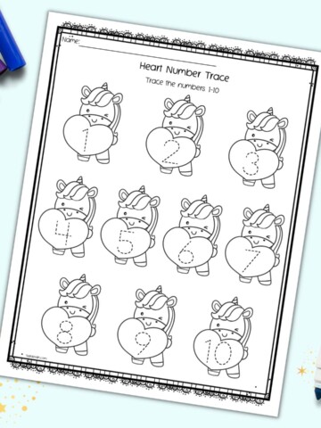 A preview of a number tracing 1-10 worksheet with unicorns holding hearts for Valentine's Day