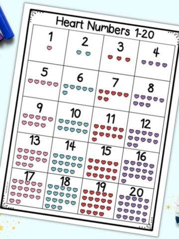 A preview of a 1-20 number chart with colorful hearts for Valentine's Day