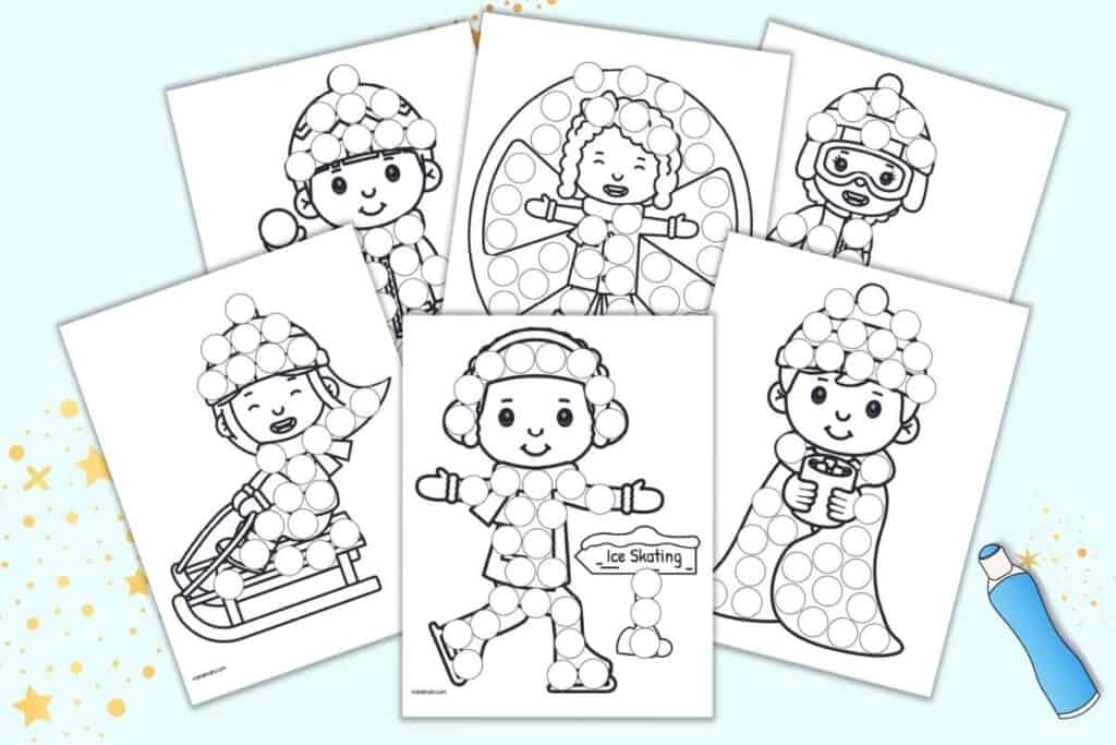 A preview of six dot marker coloring pages showing children doing winter activities 