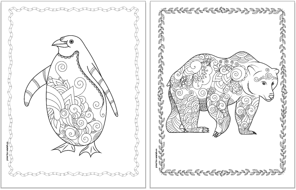 winter animal coloring pages penguin and bear