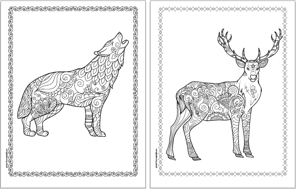 winter animal coloring pages wolf and reindeer