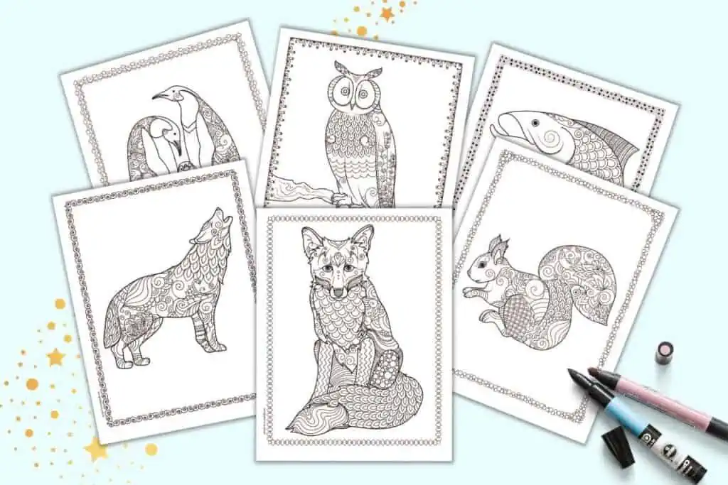 A preview of six zen style winter animal coloring pages for adults