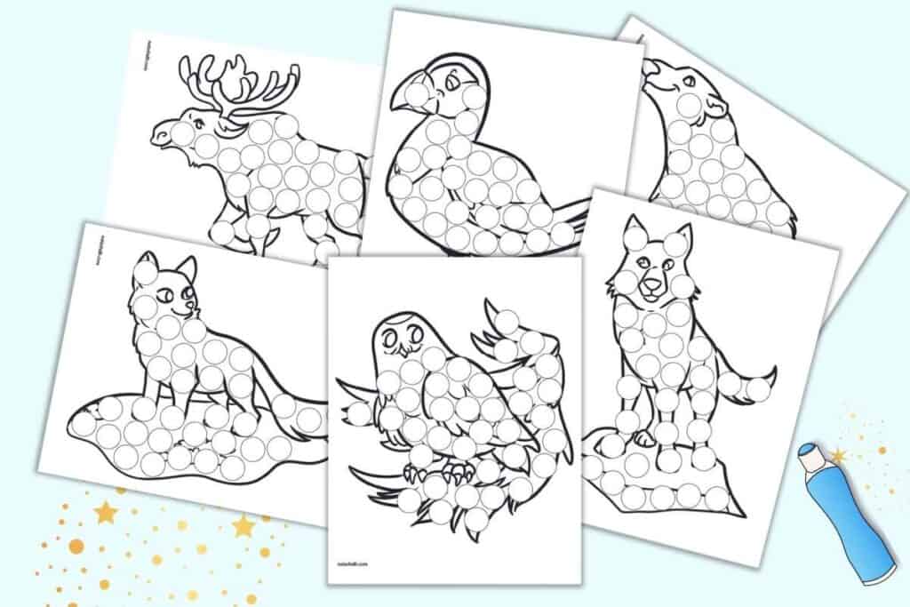 A preview of six polar/winter themed animal dot marker pages for kids