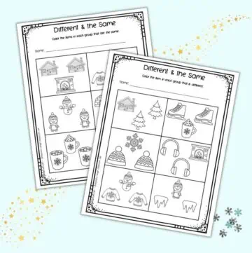 A preview of two different and the same worksheets with a winter theme. They are on a light blue background with star and snowflake confetti
