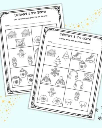 A preview of two different and the same worksheets with a winter theme. They are on a light blue background with star and snowflake confetti
