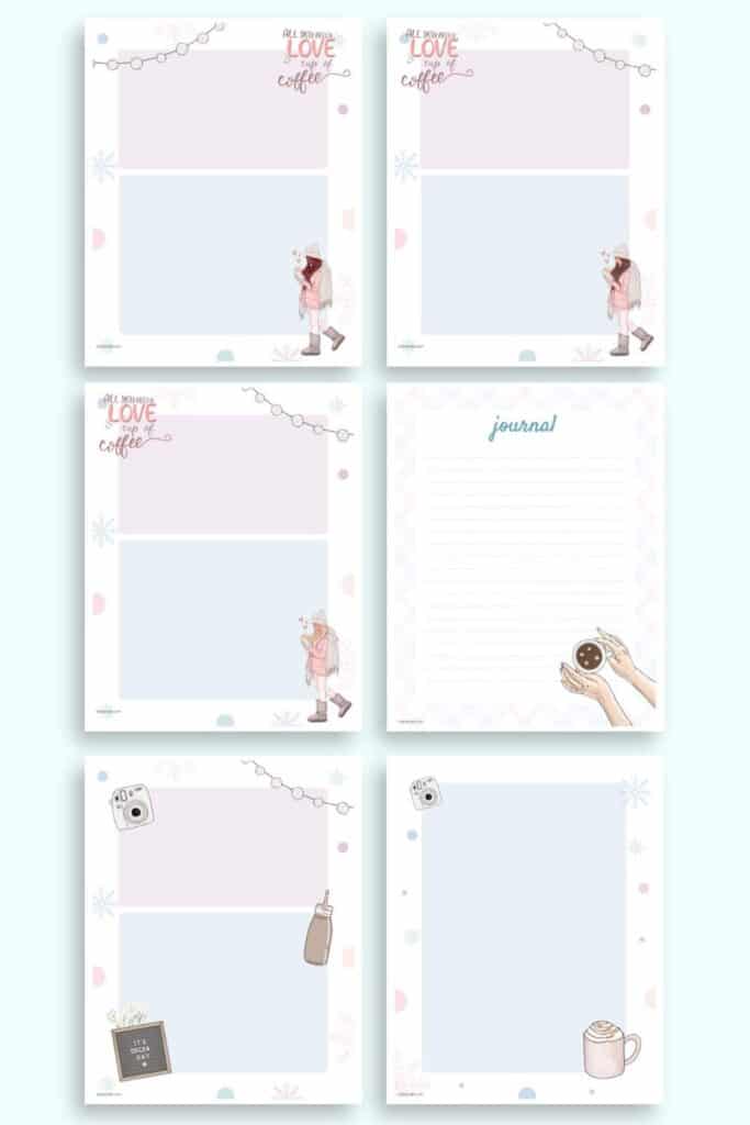 A preview of six planner girl themed winter journal/note pages