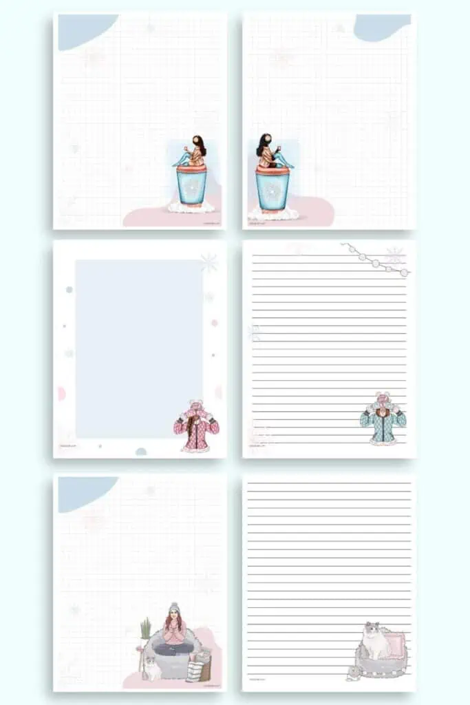 A preview of six planner girl themed winter journal pages