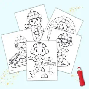 A preview of five winter activity themed dot marker coloring pages
