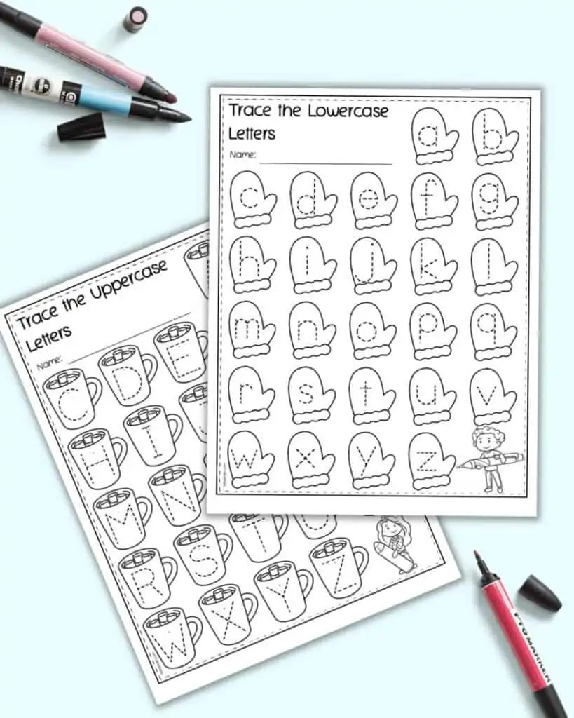 A preview of two winter alphabet trading worksheets. One has lowercase letters on mittens and the other has uppercase letters on hot chocolate mugs. The page is shown with a red marker.