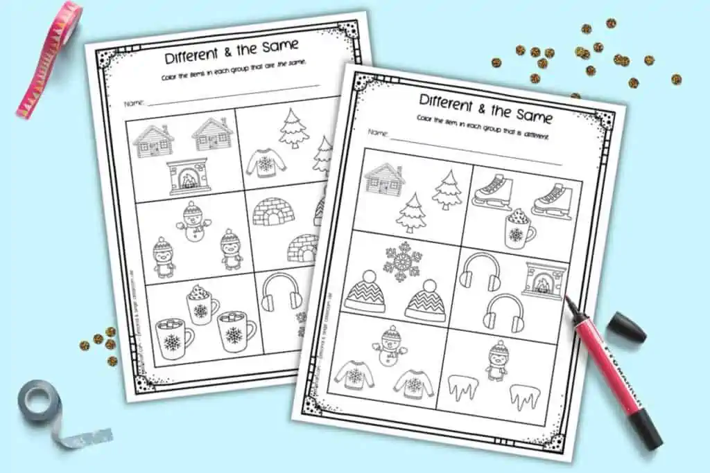 A preview of two different and the same worksheets with a winter theme. They are on a light blue background with markers.