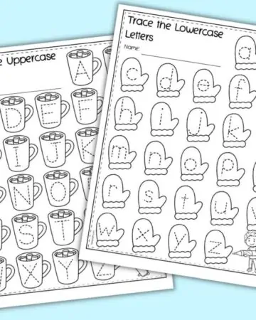 A preview of two winter alphabet trading worksheets. One has lowercase letters on mittens and the other has uppercase letters on hot chocolate mugs.