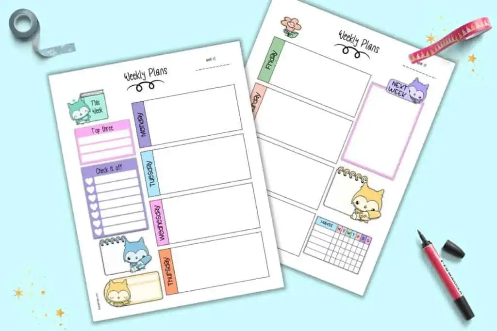 A preview of two cute owl themed weekly planner printables