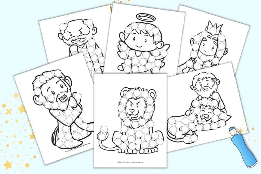 A preview of six dot marker coloring pages featuring characters from the Daniel and the Lion's Den Bible story.