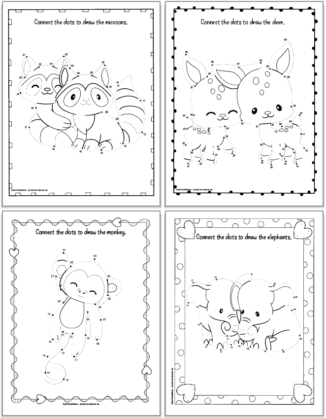 four Valentine's dot to dot coloring pages for kids