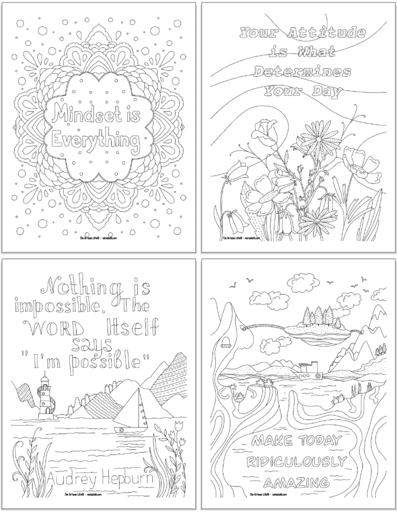 Three positive mindset quotation coloring pages for teens and adults 