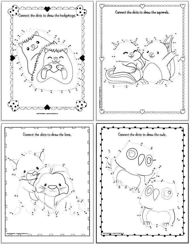 four Valentine's dot to dot coloring pages for kids