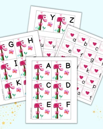 Four pages of printable alphabet matching cards with a Valentine's Day theme