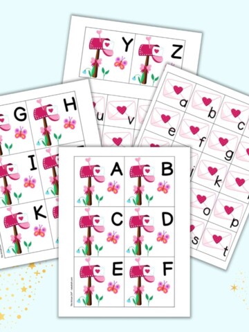 Four pages of printable alphabet matching cards with a Valentine's Day theme
