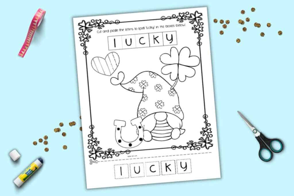 A cut and paste worksheet with "lucky" for pre-k students to cut and paste on a St. Patrick's Day coloring page