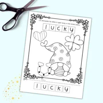 A cut and paste worksheet with "lucky" for pre-k students to cut and paste on a St. Patrick's Day coloring page. It is shown with a pair of scissors.