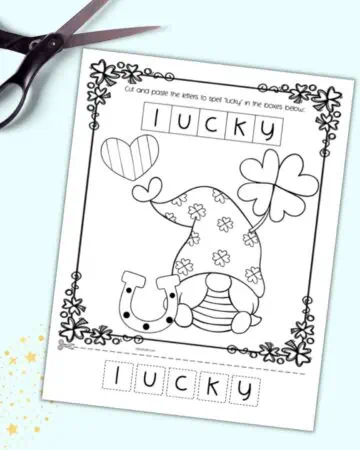 A cut and paste worksheet with "lucky" for pre-k students to cut and paste on a St. Patrick's Day coloring page. It is shown with a pair of scissors.