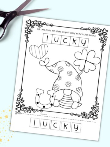 A cut and paste worksheet with "lucky" for pre-k students to cut and paste on a St. Patrick's Day coloring page. It is shown with a pair of scissors.
