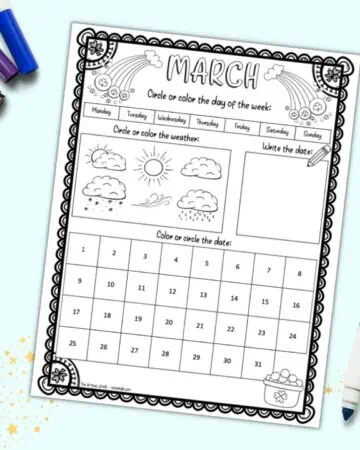 A preview of a March calendar worksheet for kids with a st patrick's day theme