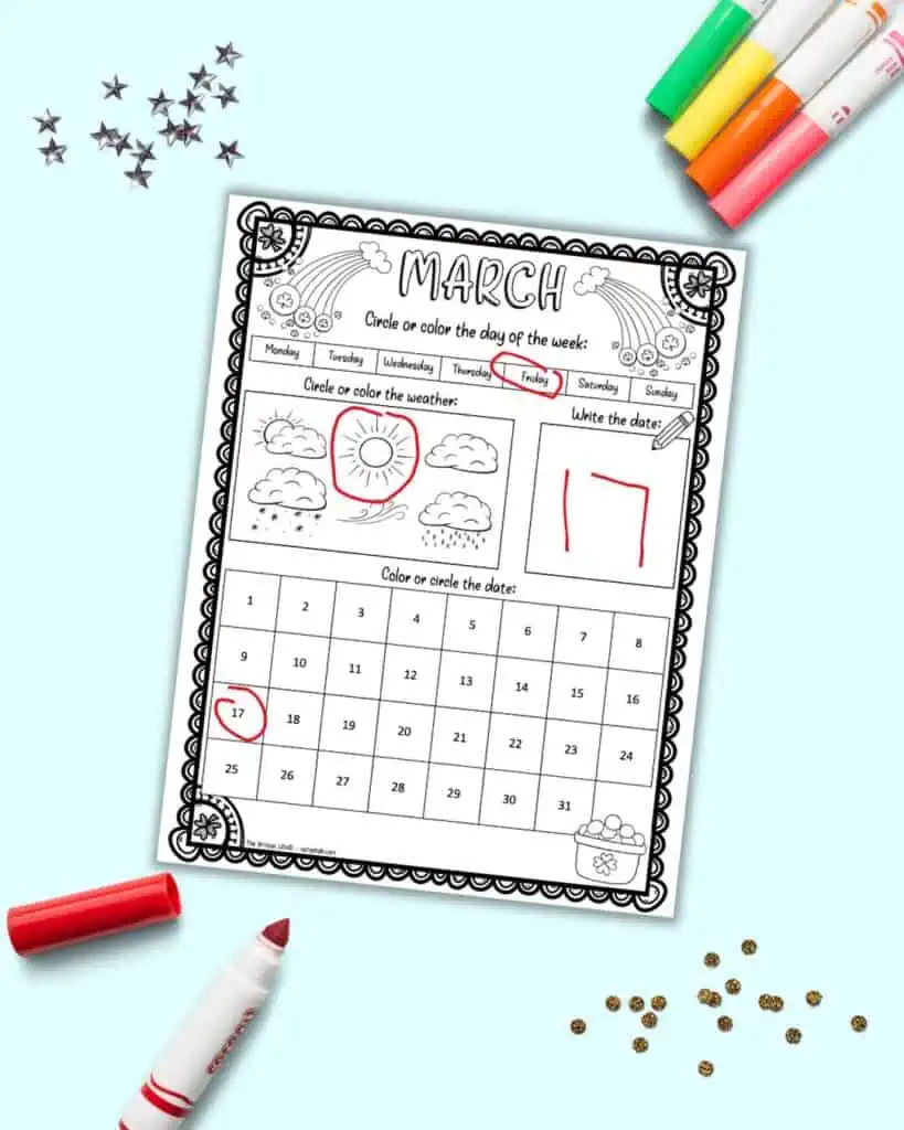 A preview of a printable March calendar worksheet for kids completed for March 17