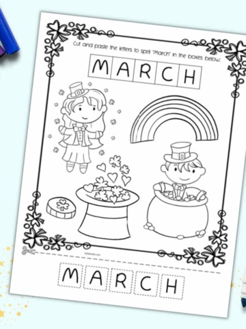 A preview of a March cut and paste worksheet with tiles to cut and paste the word "March"