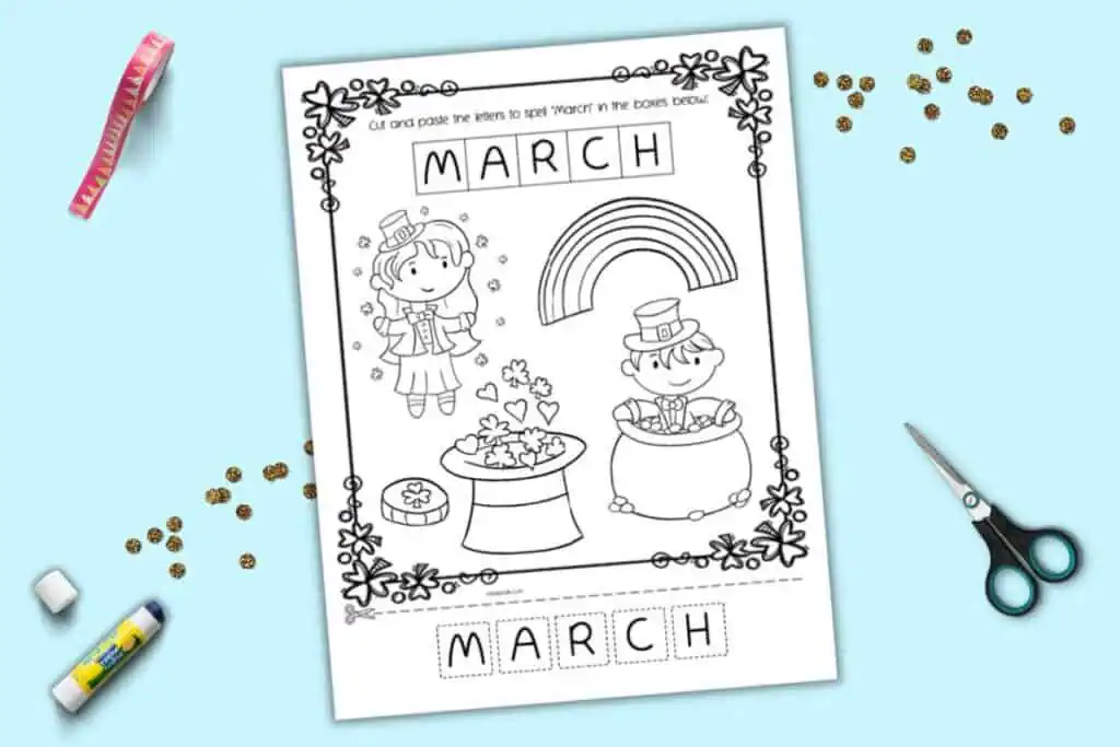 A preview of a cut and paste coloring page with the letters to spell "March" on tiles to cut out