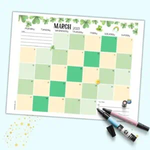 A preview of a March 2023 dated calendar page with shamrocks and a green and gold theme